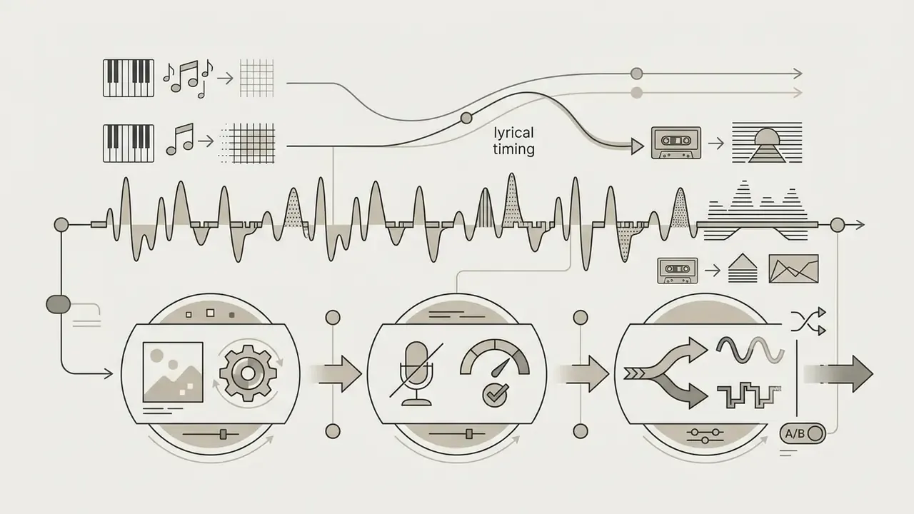 Musical notes and audio waveforms flowing through processing modules for style and genre transformation