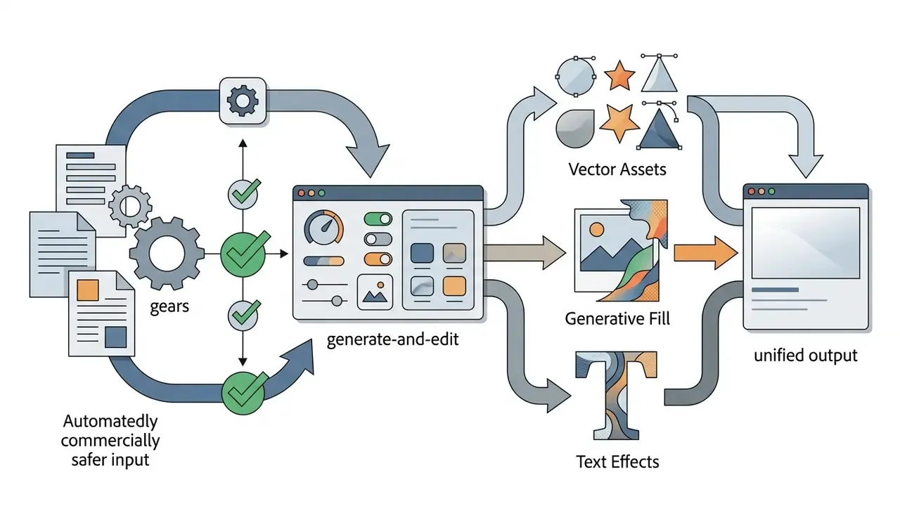 Documents and mechanical components feeding a studio interface that outputs vector and text assets