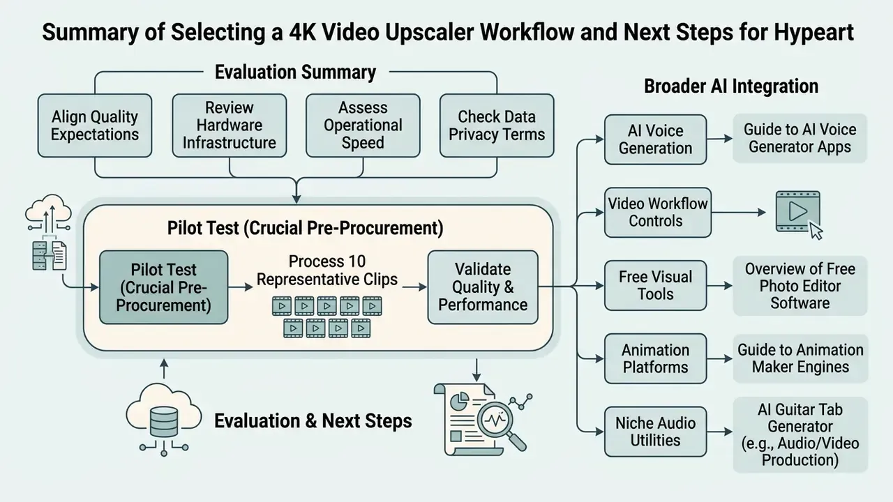 Diagram mapping evaluation criteria, pilot testing stages, and broader AI integration pathways