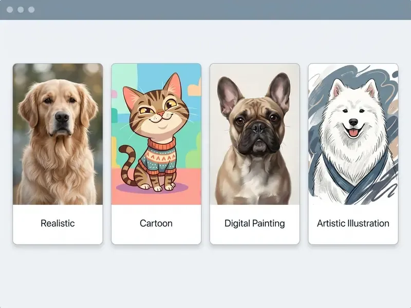 Four cards showing pet portraits in realistic, cartoon, digital painting, and artistic illustration styles