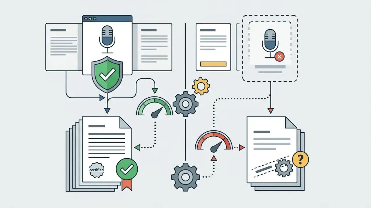 Screening process showing approved audio files with checkmarks versus rejected files requiring review
