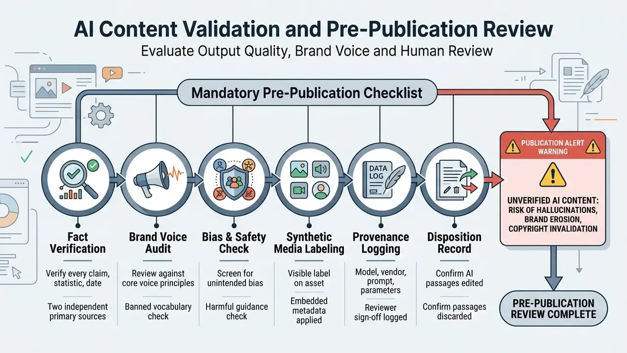 Step-by-step checklist for verifying AI content through fact checks, voice audits, and safety reviews