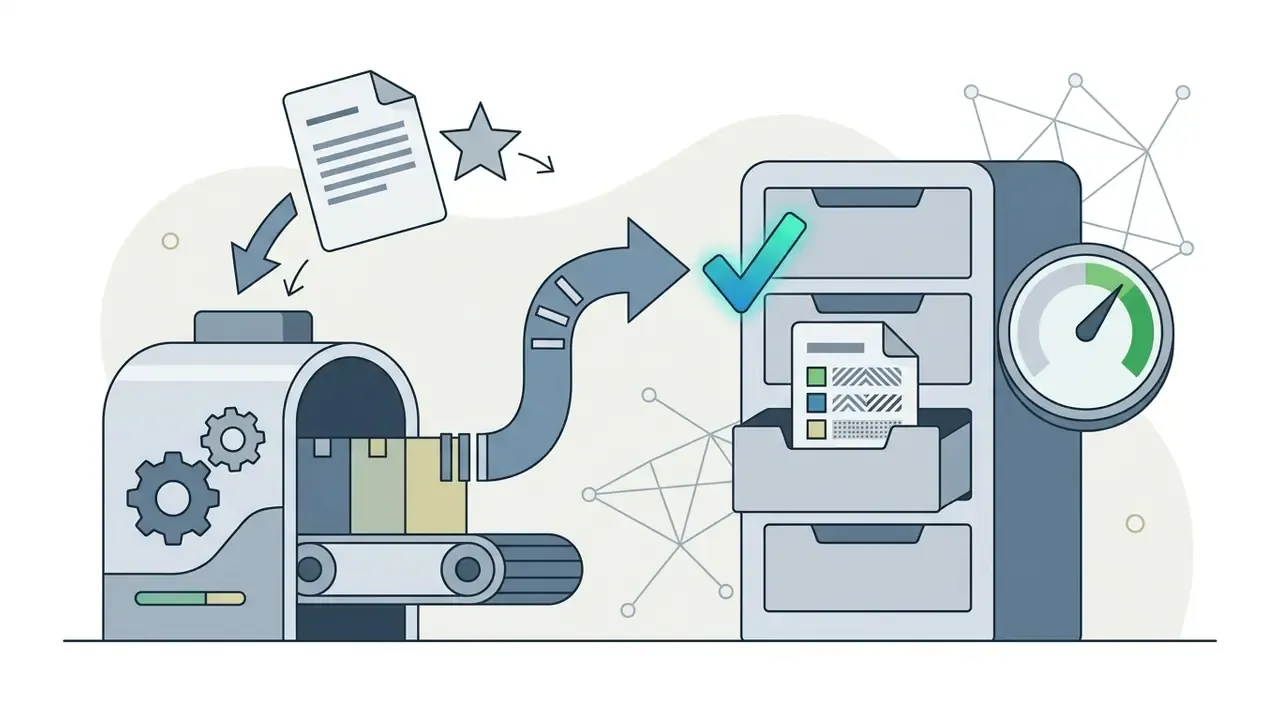 Document being processed by a machine and filed into a cabinet with a status gauge and checkmark