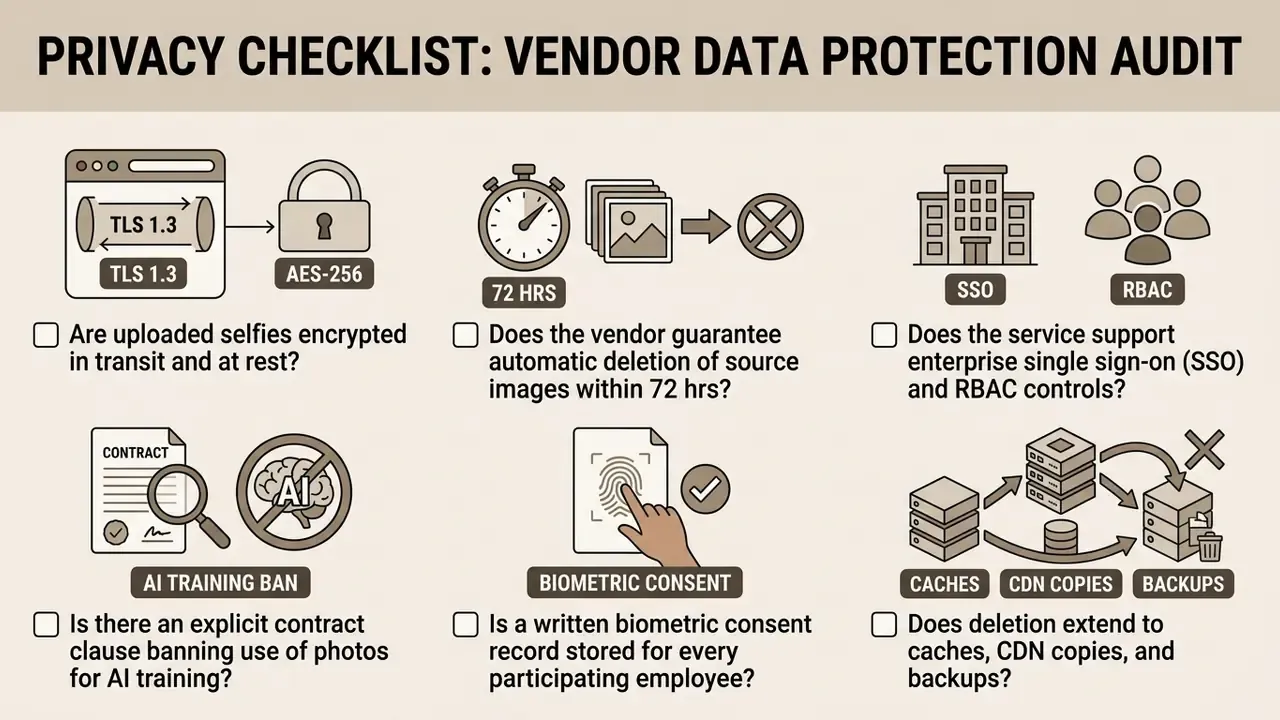 Six icons representing security and privacy requirements for vendor data protection audits
