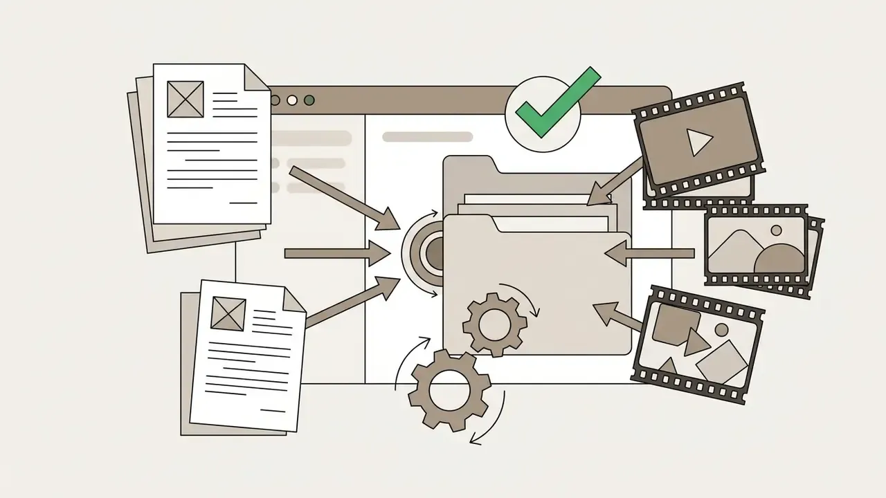 Documents and video assets flowing into a digital folder system with rotating gears and a checkmark