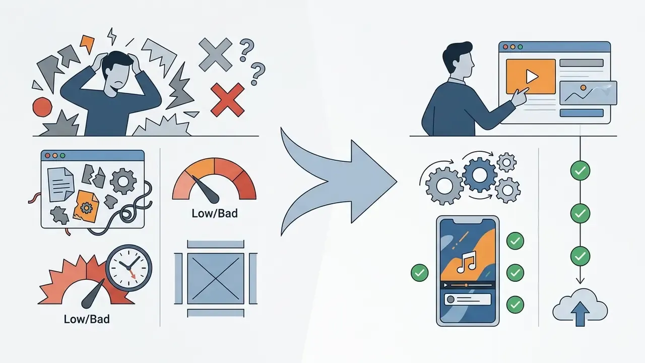 Comparison showing a frustrated user struggling with inefficient tools versus a streamlined digital workflow