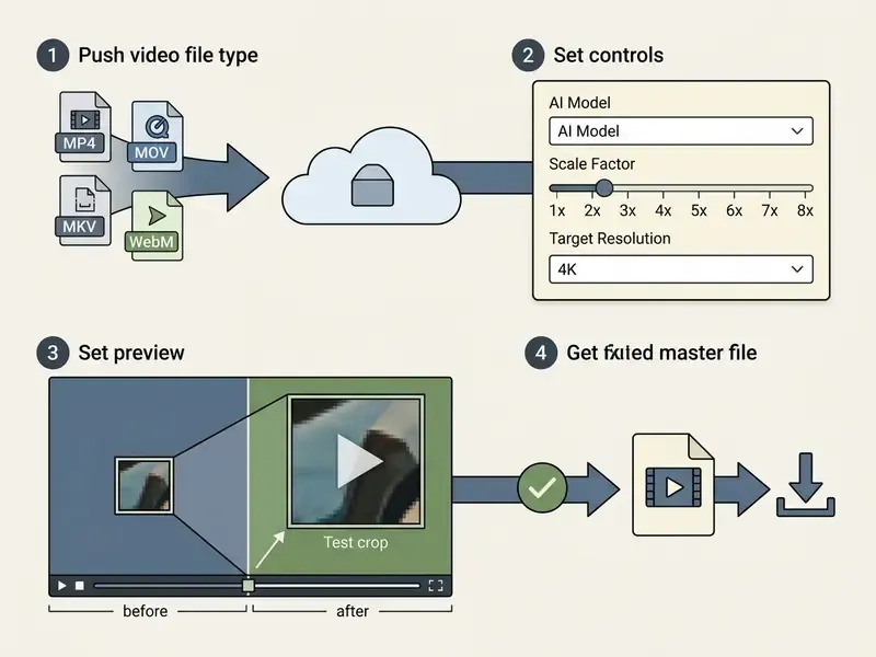 Four-step workflow showing video file upload, AI settings configuration, previewing, and final download