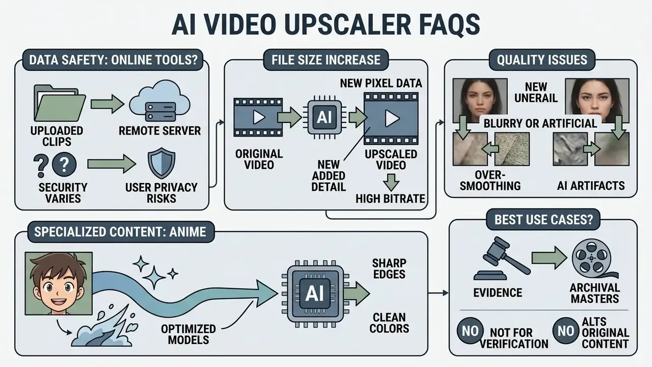 Infographic explaining common questions about AI video upscaling through diagrams of processes and use cases