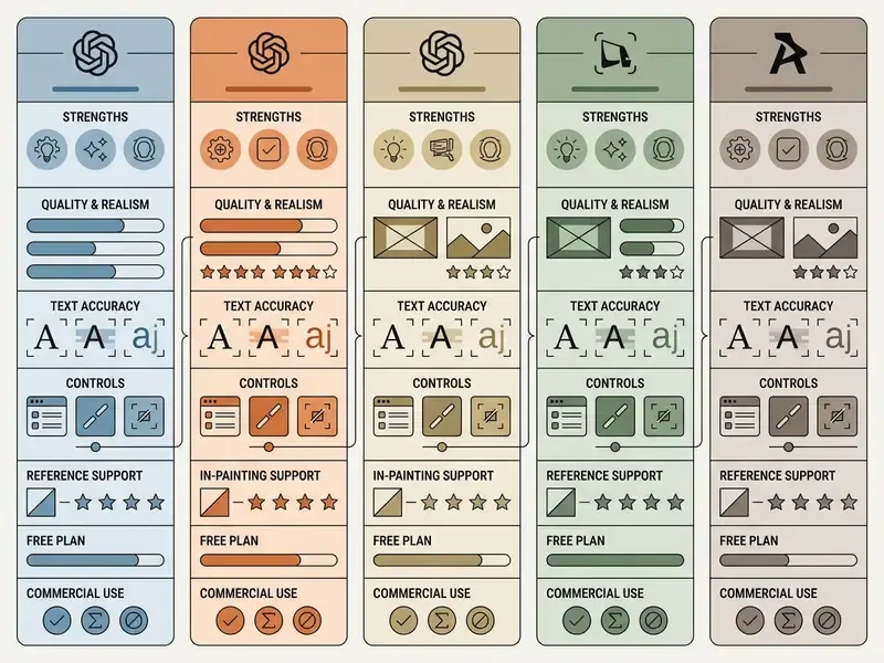 Comparison table evaluating key performance metrics for five different AI text to image generators