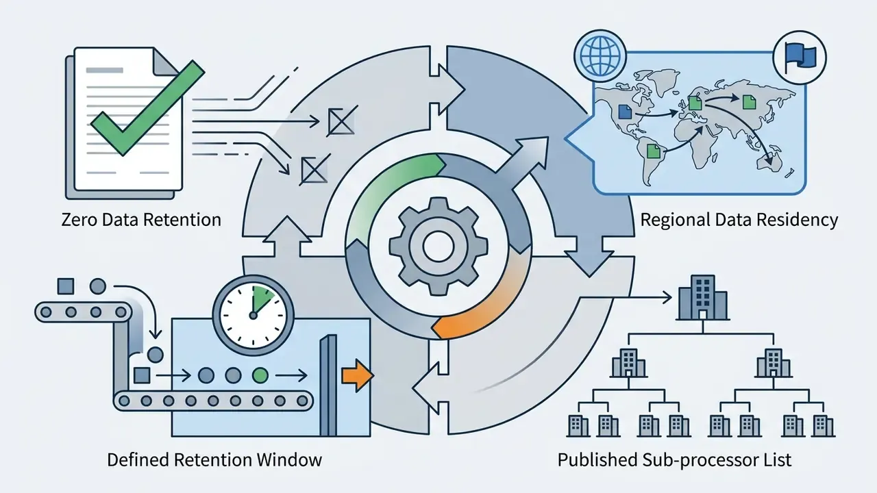 Central gear mechanism surrounded by icons for data retention, residency, processing windows, and vendors