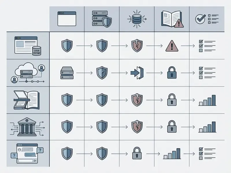 Risk assessment matrix showing security icons for various citation tool types and data storage methods