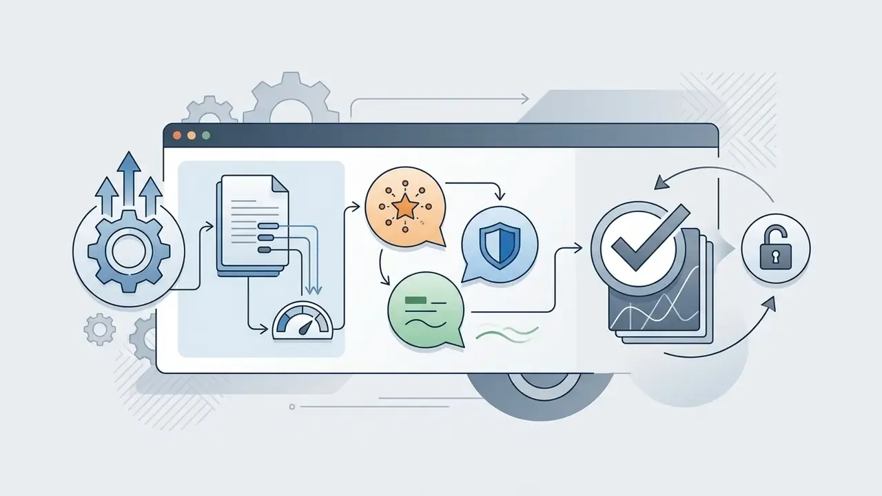 Gear and document icons feeding into speech bubbles and a checkmark to represent data processing