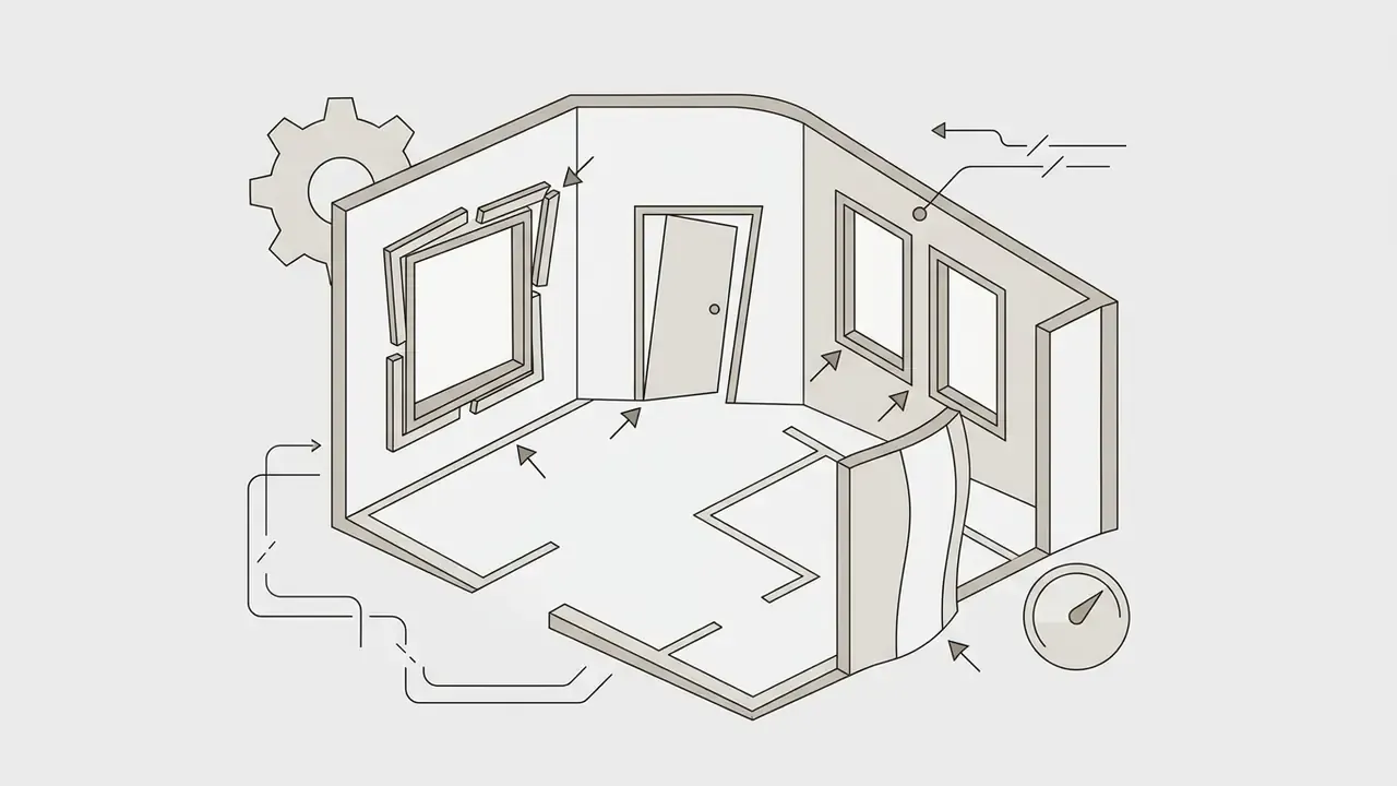 Room interior showing misaligned door and window frames with arrows pointing to structural errors