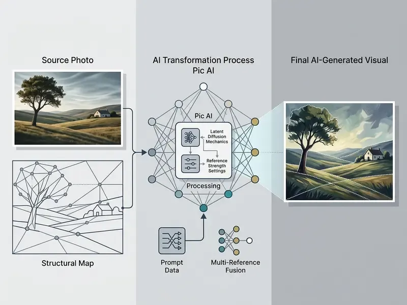 Diagram showing how Pic AI processes a source photo and structural map into a final generated visual