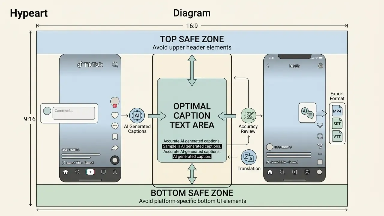 Diagram showing safe zones and optimal text placement for vertical video captions