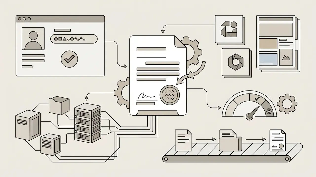 User profile data flowing through a gear system into a signed document and a conveyor belt of assets