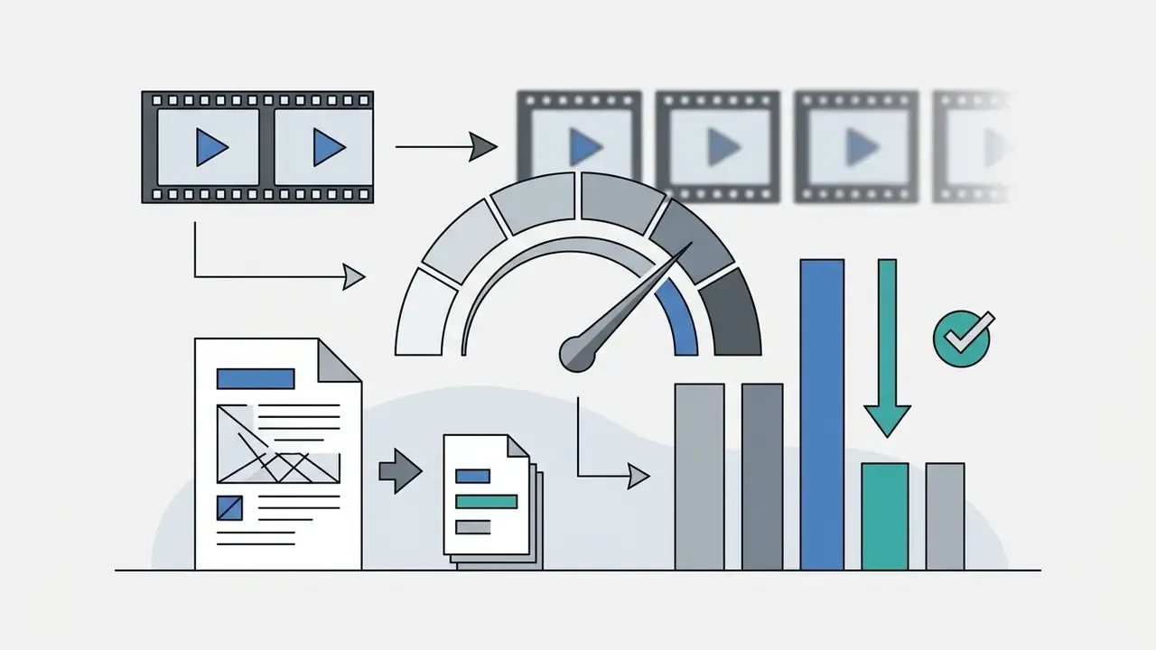 Speedometer gauge indicating video compression levels alongside a bar chart showing file size reduction