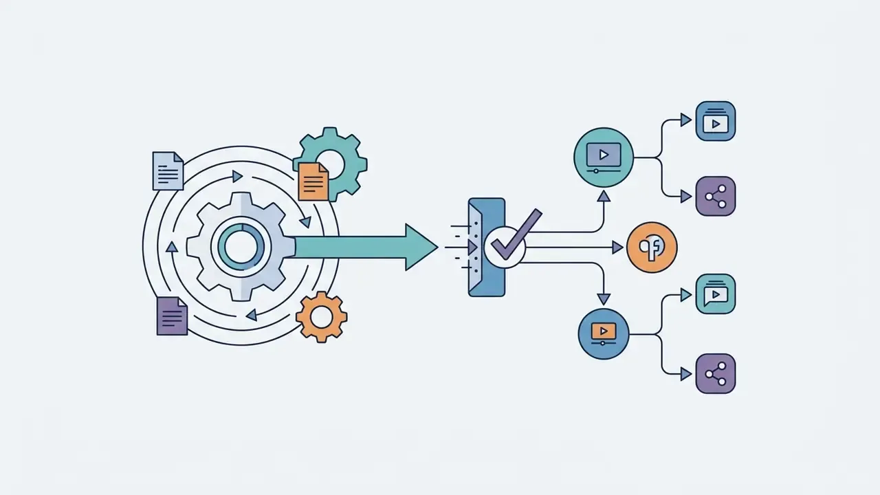 Documents and gears feeding into a central processor that distributes video assets to social platforms