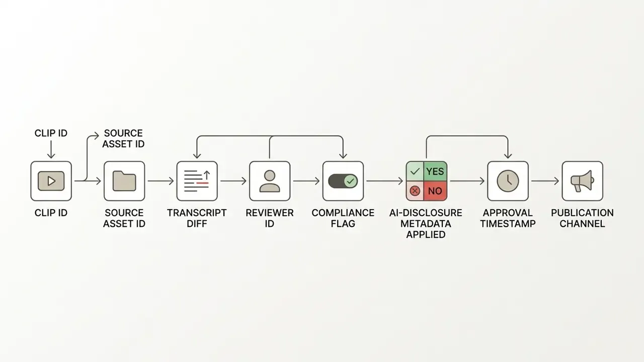 Diagram detailing the approval and audit trail steps from clip identification to publication channel
