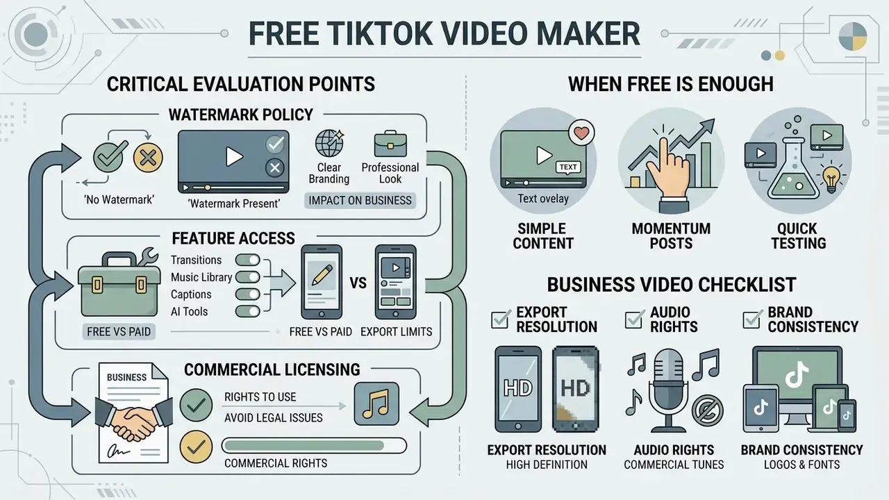 Infographic comparing watermark policies, feature access, and commercial licensing for video tools