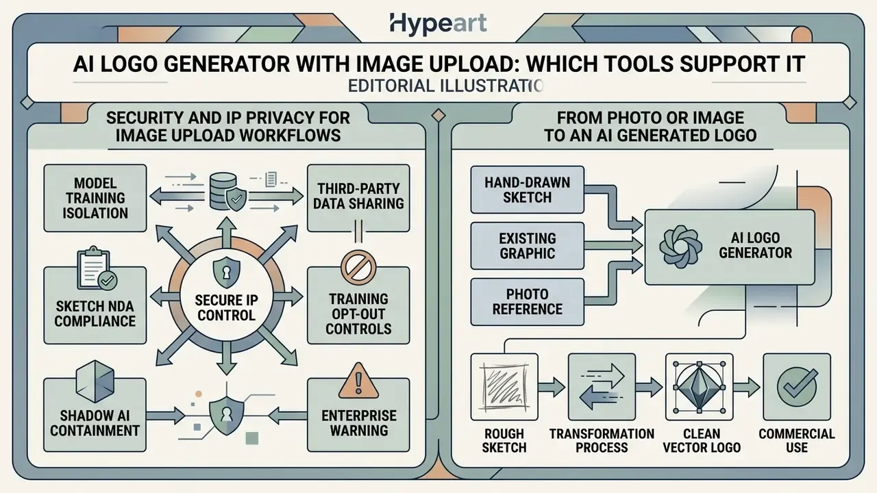 Infographic showing security protocols and the workflow for transforming sketches into AI generated logos