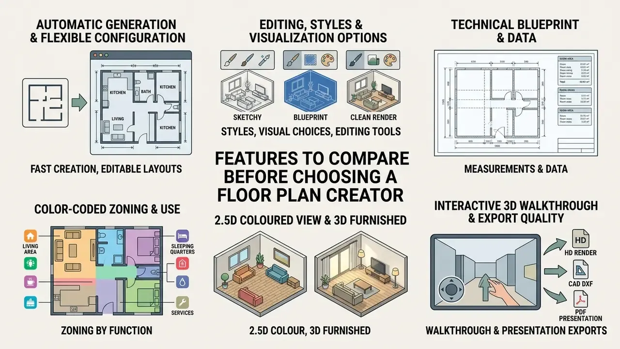 Diagram showing technical capabilities like zoning, 3D rendering, and blueprint generation for design software