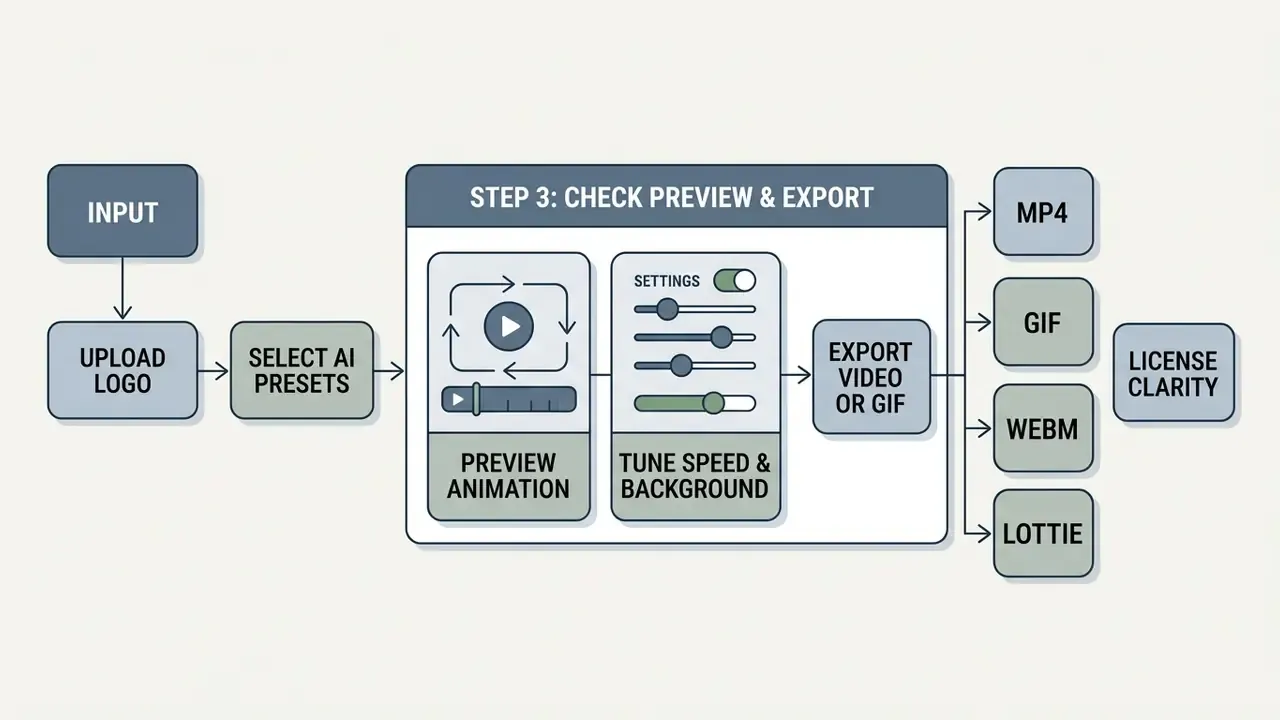 Flowchart showing logo upload, animation preview, settings adjustment, and final file format export