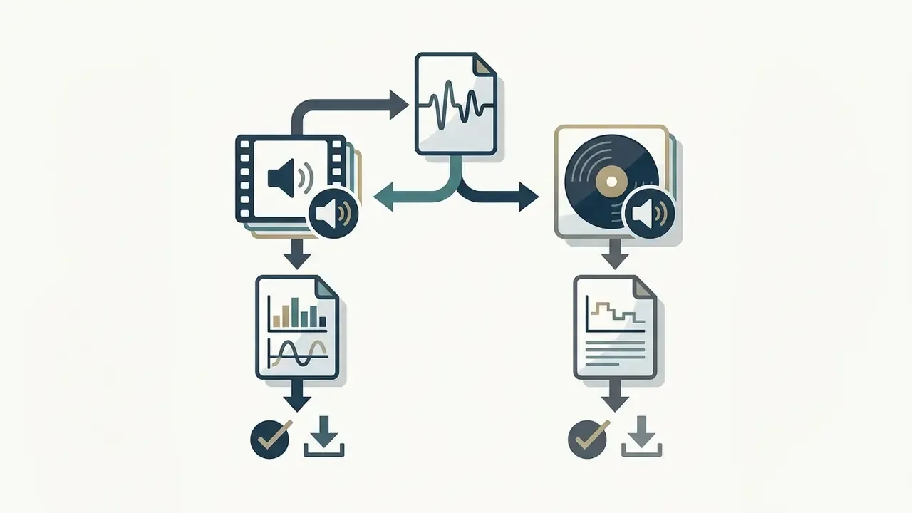 Audio waveform file splitting into video and music formats for final document download