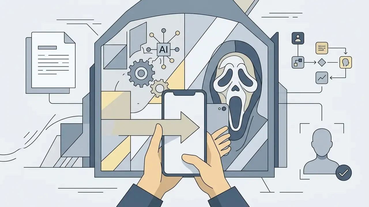 Hands holding a smartphone to capture a mirror reflection of a hooded figure wearing a white mask