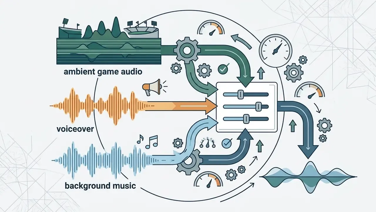 Audio tracks feeding into a central mixer interface to produce a balanced final sound wave output