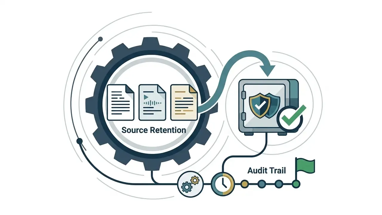 Documents moving through a gear process into a safe with a shield icon and an audit trail timeline