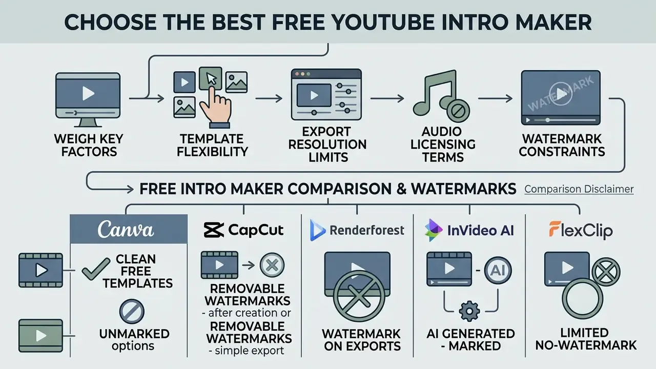 Flowchart outlining criteria for selecting a YouTube intro maker and comparing watermark policies