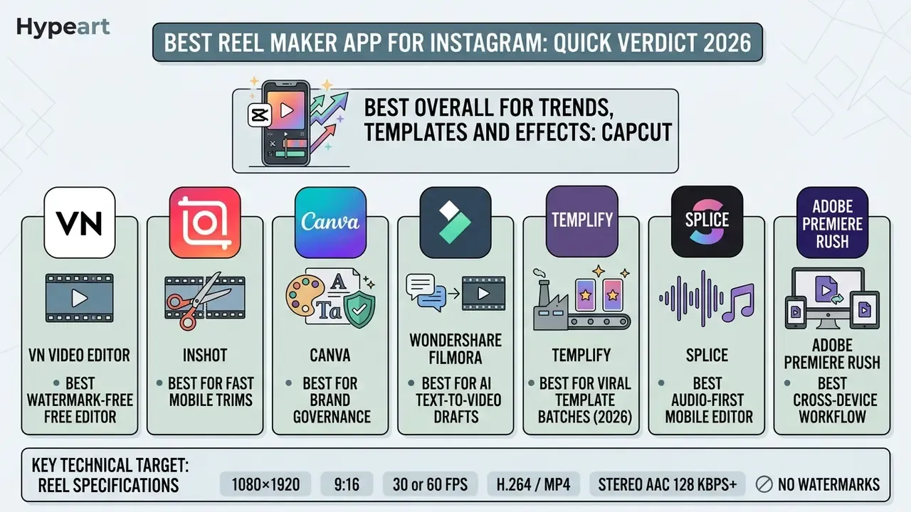 Infographic comparing top mobile video editing apps and their specific strengths for creating Reels