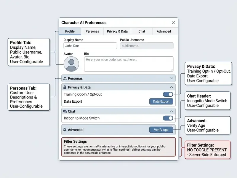 Annotated Character AI settings panel showing user-configurable profile, privacy, and chat options