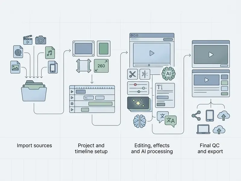 Linear process diagram showing media import, timeline configuration, AI editing tools, and final export
