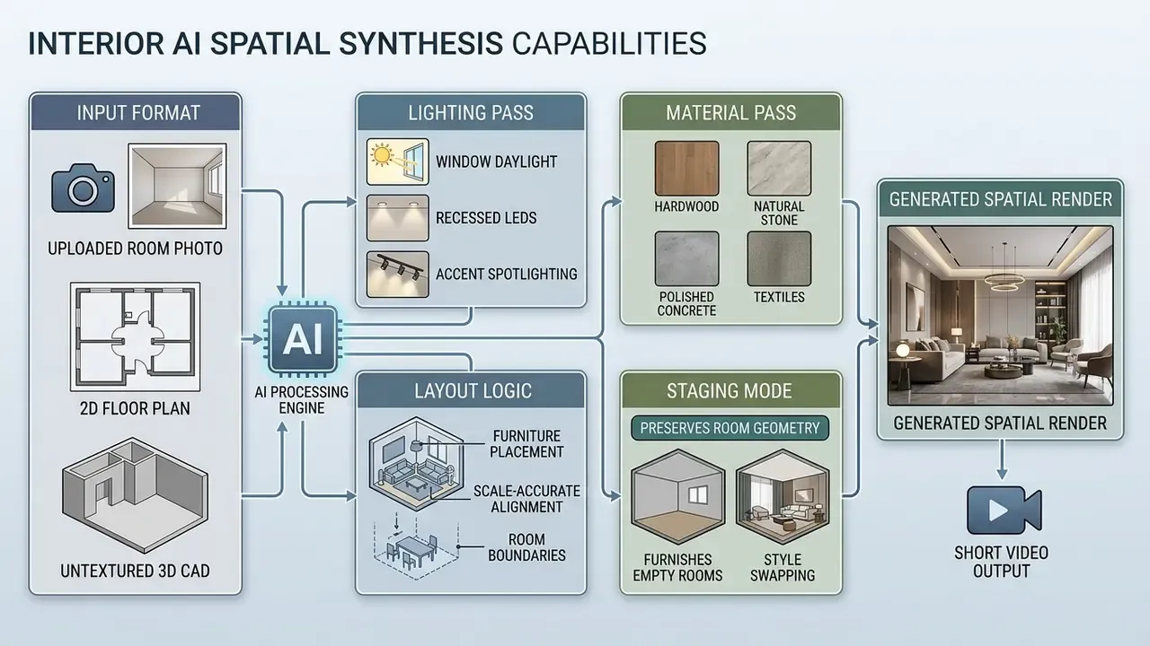 Diagram showing the workflow from room inputs through lighting and material processing to final renders
