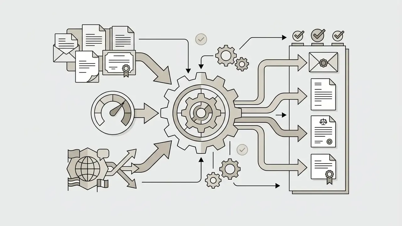 Documents, speed gauge, and global icons feeding into a mechanical system that outputs finished letters