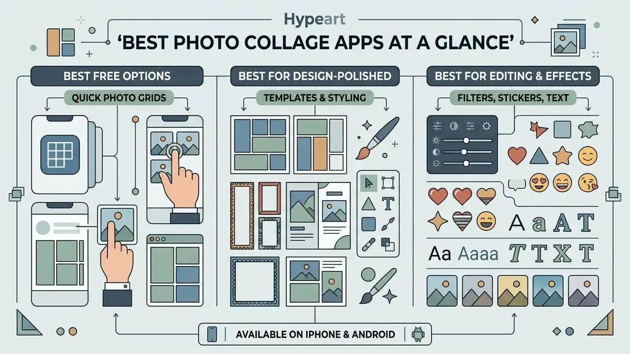 Infographic categorizing photo collage apps by grid tools, design templates, and creative editing features