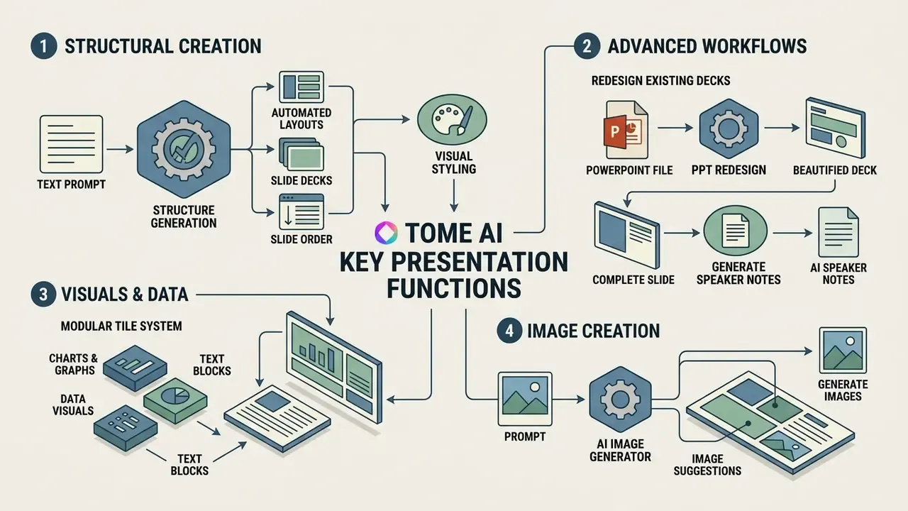 Four-part infographic detailing structural generation, advanced workflows, data visualization, and image creation