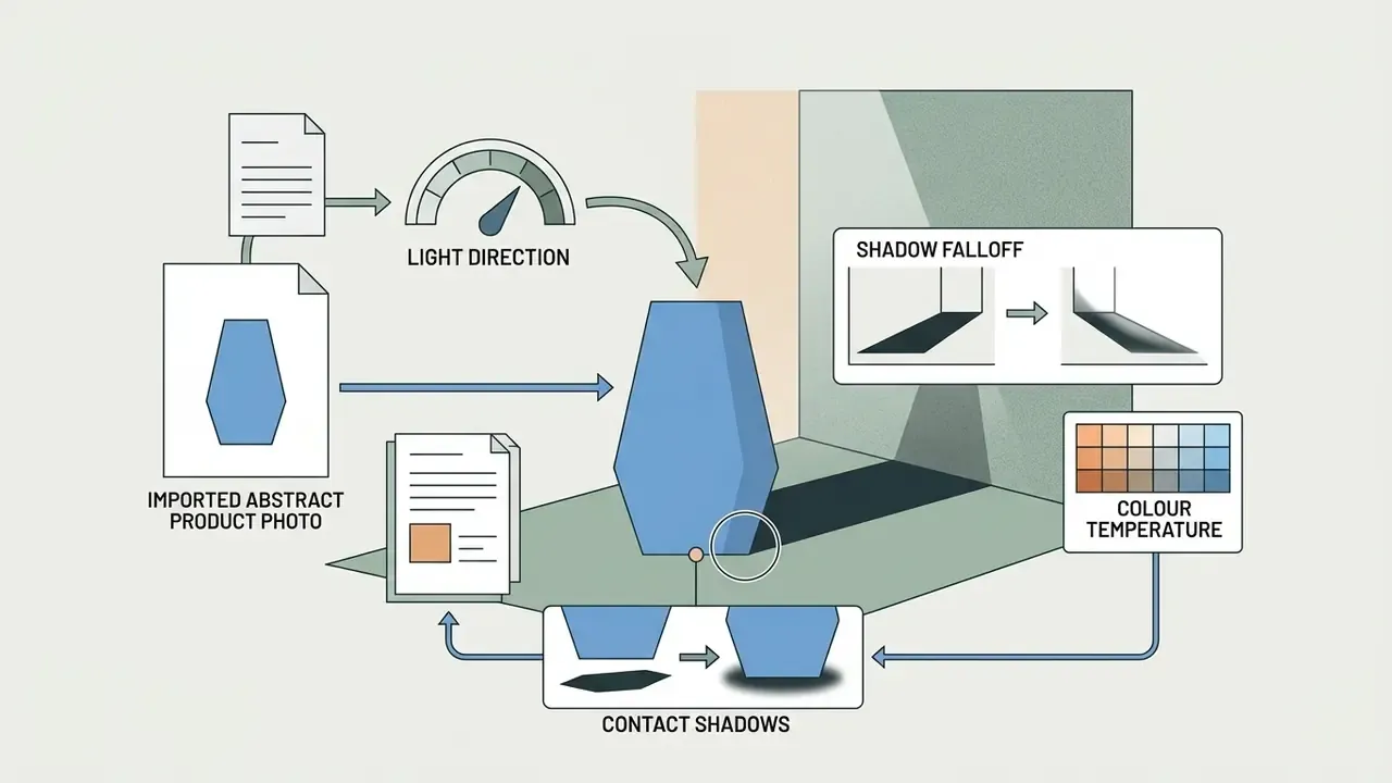 Graphical representation of adjusting light direction, shadow falloff, color temperature, and contact shadows