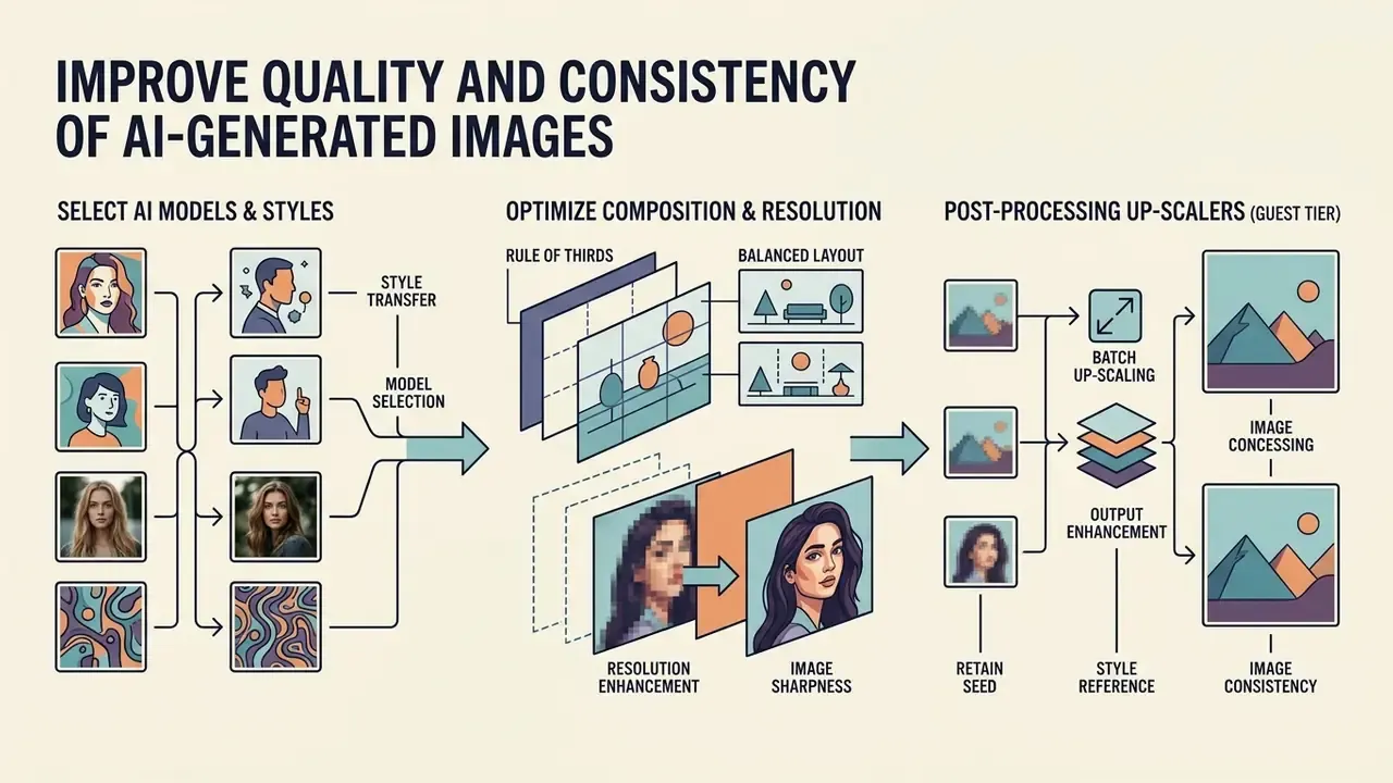 Three-step diagram showing model selection, composition optimization, and post-processing for AI images