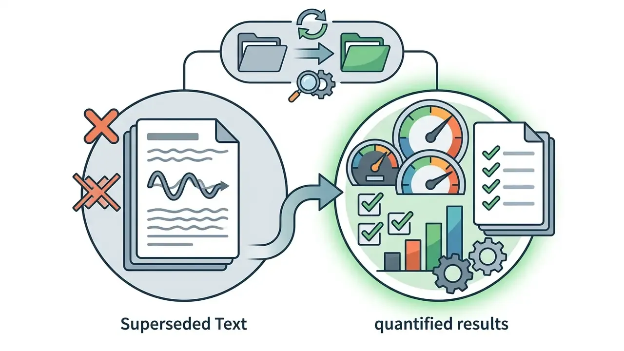 Superseded document with X marks flowing into a dashboard of gauges, checklists, and bar charts