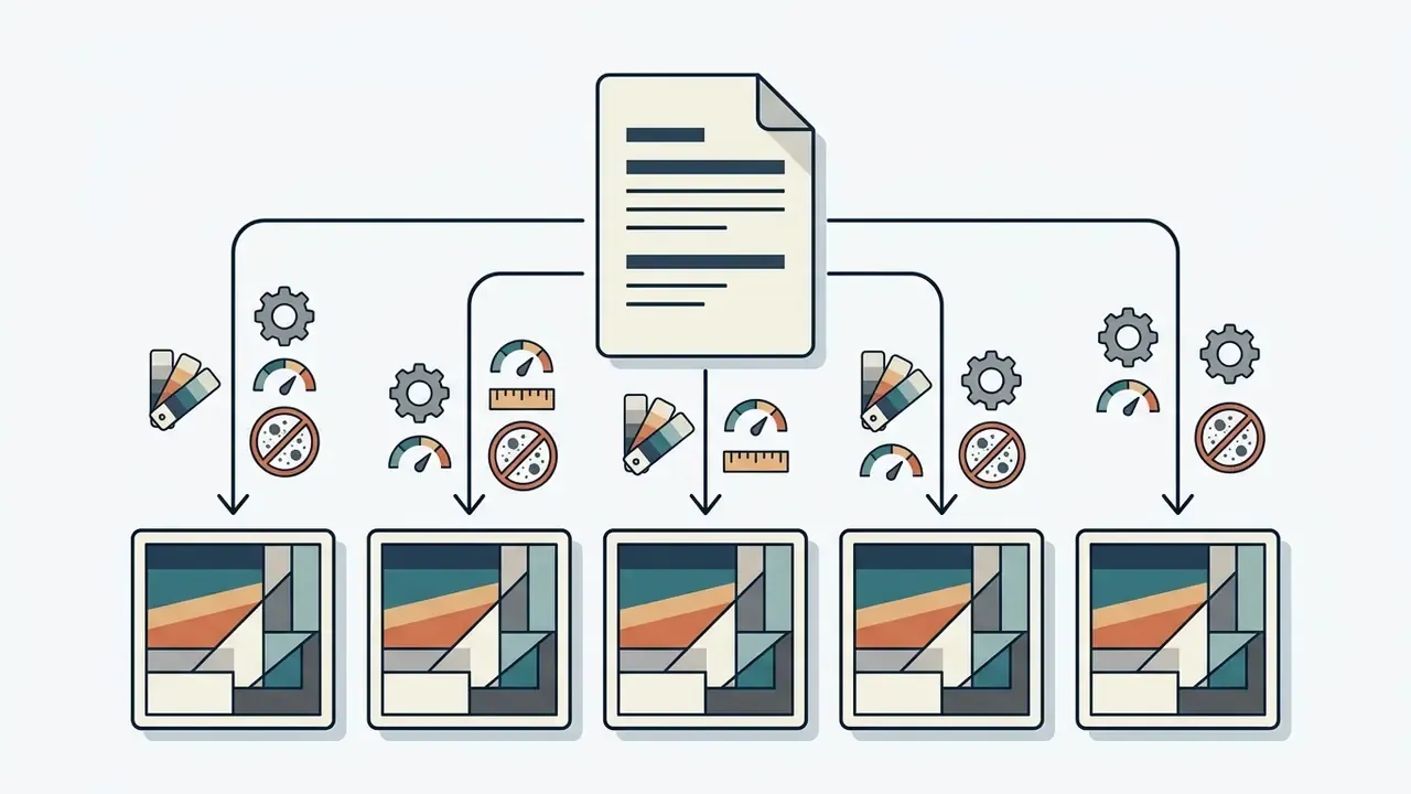 Document icon branching into technical icons that feed into five identical framed abstract images