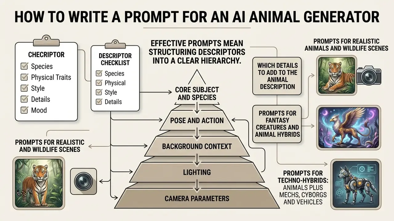 Pyramid diagram showing a hierarchy of descriptors for building detailed text prompts for image creation