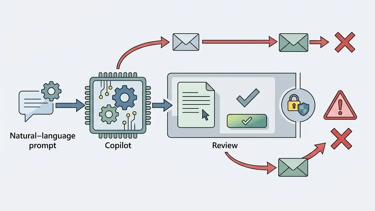 Natural-language prompt feeding into a processor that requires human review before sending an email