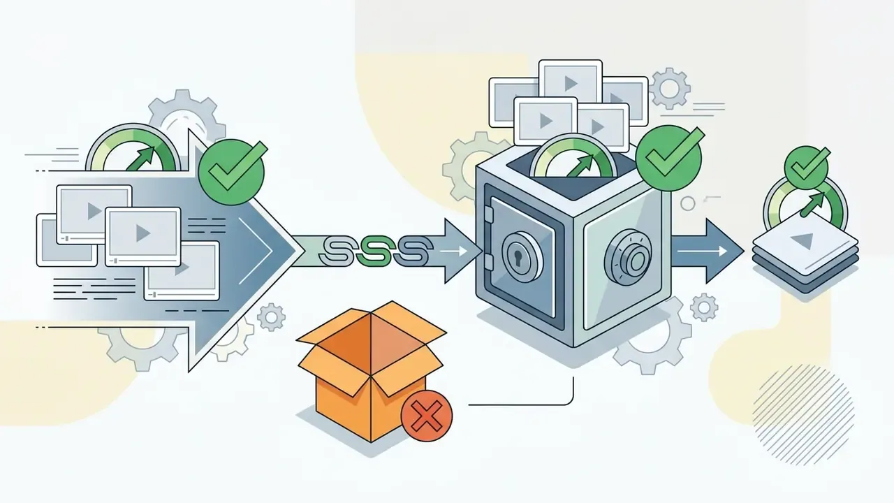 Video files moving through a secure encrypted tunnel into a vault while avoiding an open storage box