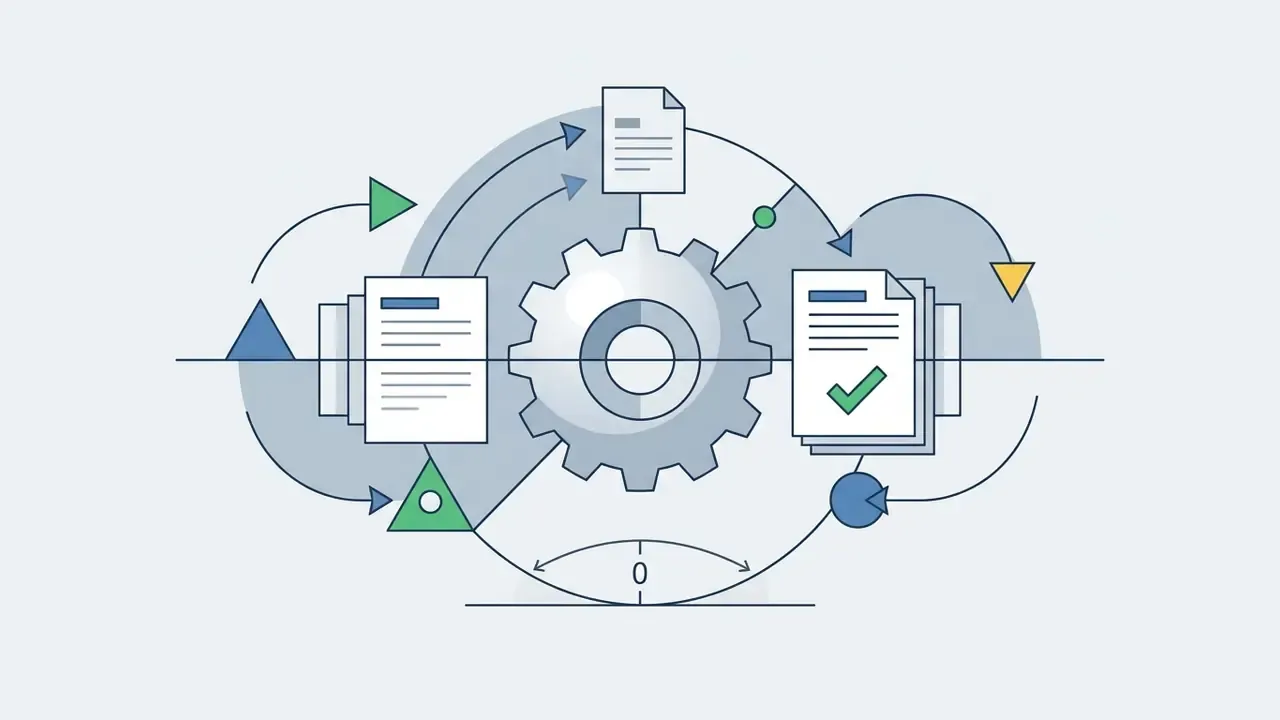 Central gear mechanism surrounded by documents and arrows indicating alignment and processing flow