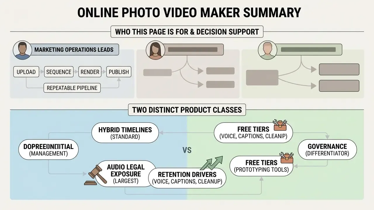Infographic comparing marketing operations workflows and two distinct classes of photo video maker software
