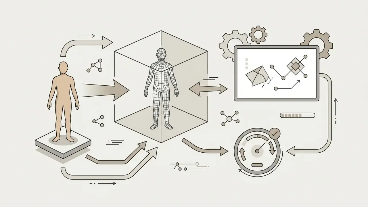 Human figure transforming into a wireframe model within a cube connected to digital processing icons