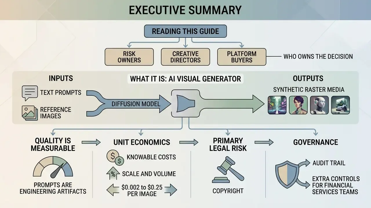 Flowchart showing how an AI visual generator processes inputs into synthetic media and manages key business risks